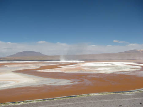 Bolivia - Laguna Colorado 4300m hoog en omringt door vulkanen.