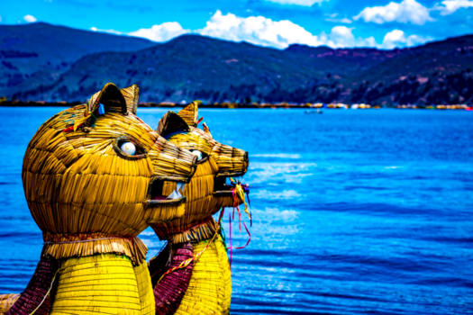 Peru - Leeuwenkoppen op rieten boten op het Titicacameer